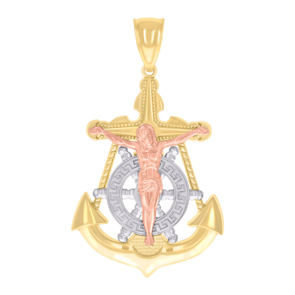 14K Tri-Color Gold Mens Anchor Crucifix Religious Charm Pendant