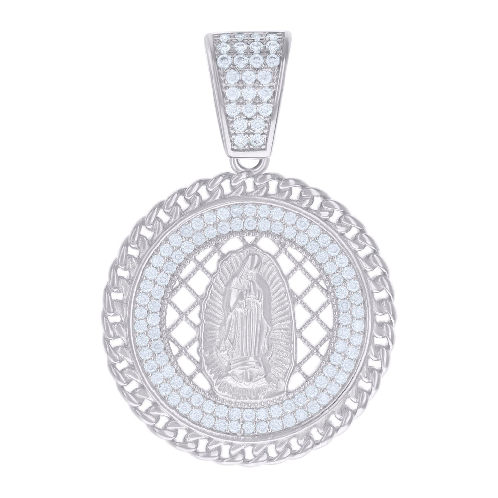 925 Sterling Silver Mens 0.84ct Moissanite Cuban Border Guadalupe/Mother Marry Religious Charm Pendant
