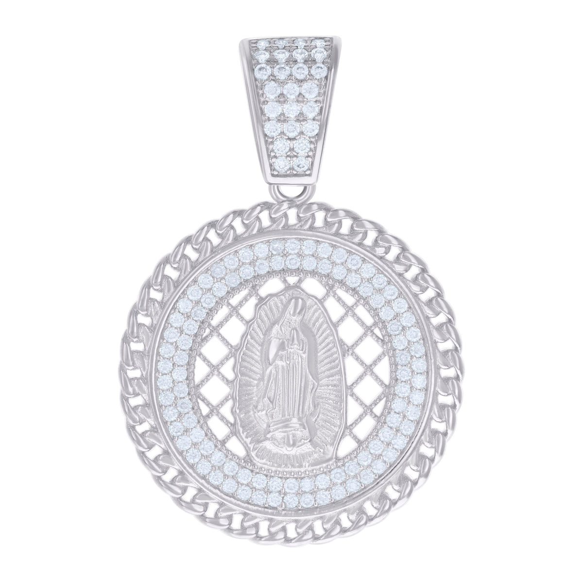 925 Sterling Silver Mens 0.84ct Moissanite Cuban Border Guadalupe/Mother Marry Religious Charm Pendant
