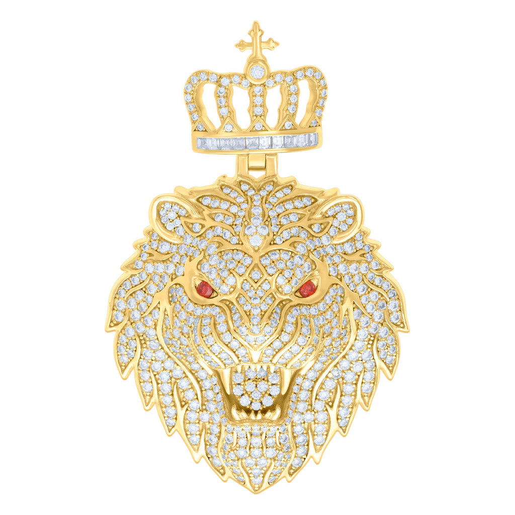 925 Sterling Silver Yellow-tone Mens 4.48ct, 0.42ct Red White Baguette Round Moissanite Leo/Lion Head Pendant
