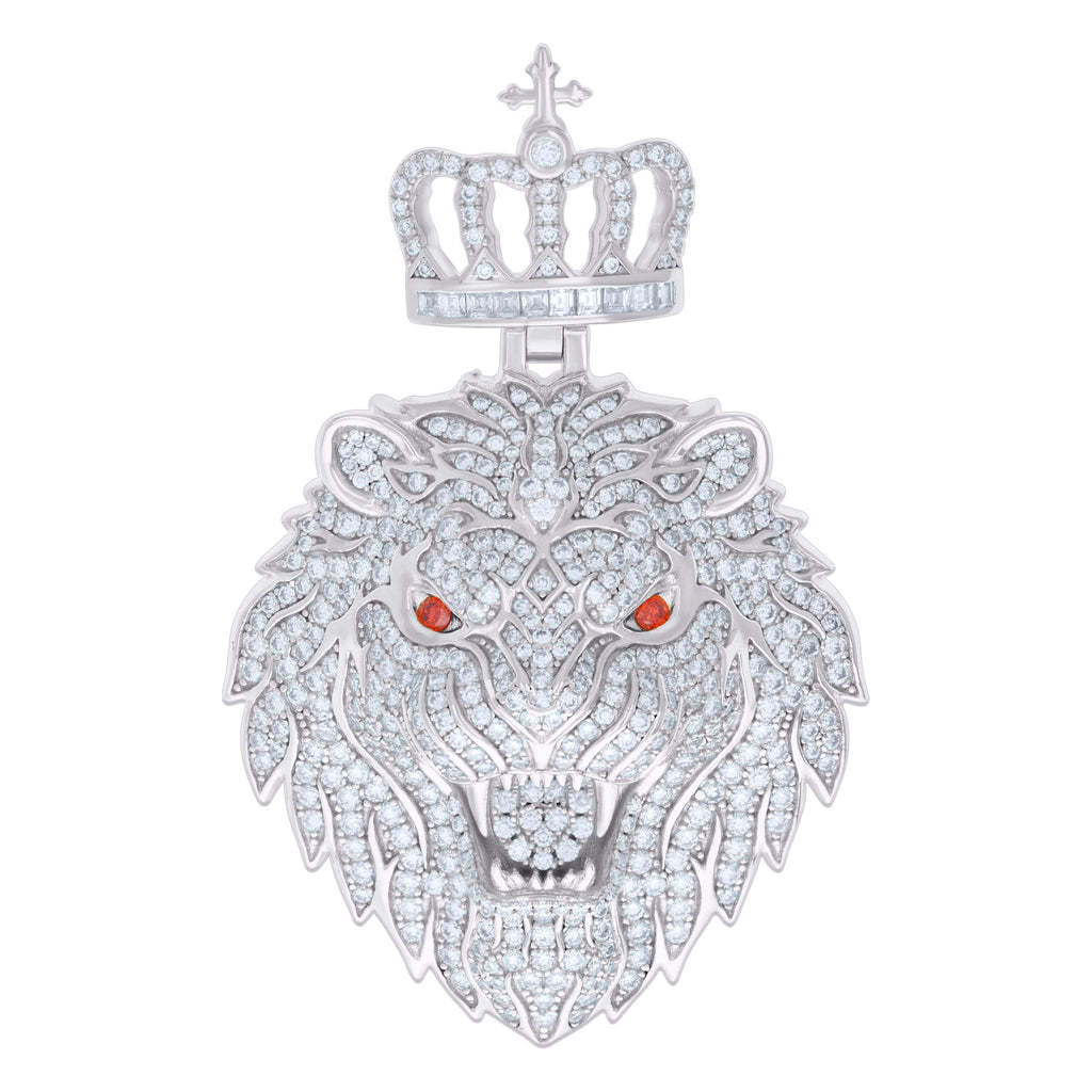 925 Sterling Silver Mens 4.48ct, 0.42ct Red White Baguette Round Moissanite Leo/Lion Head Pendant