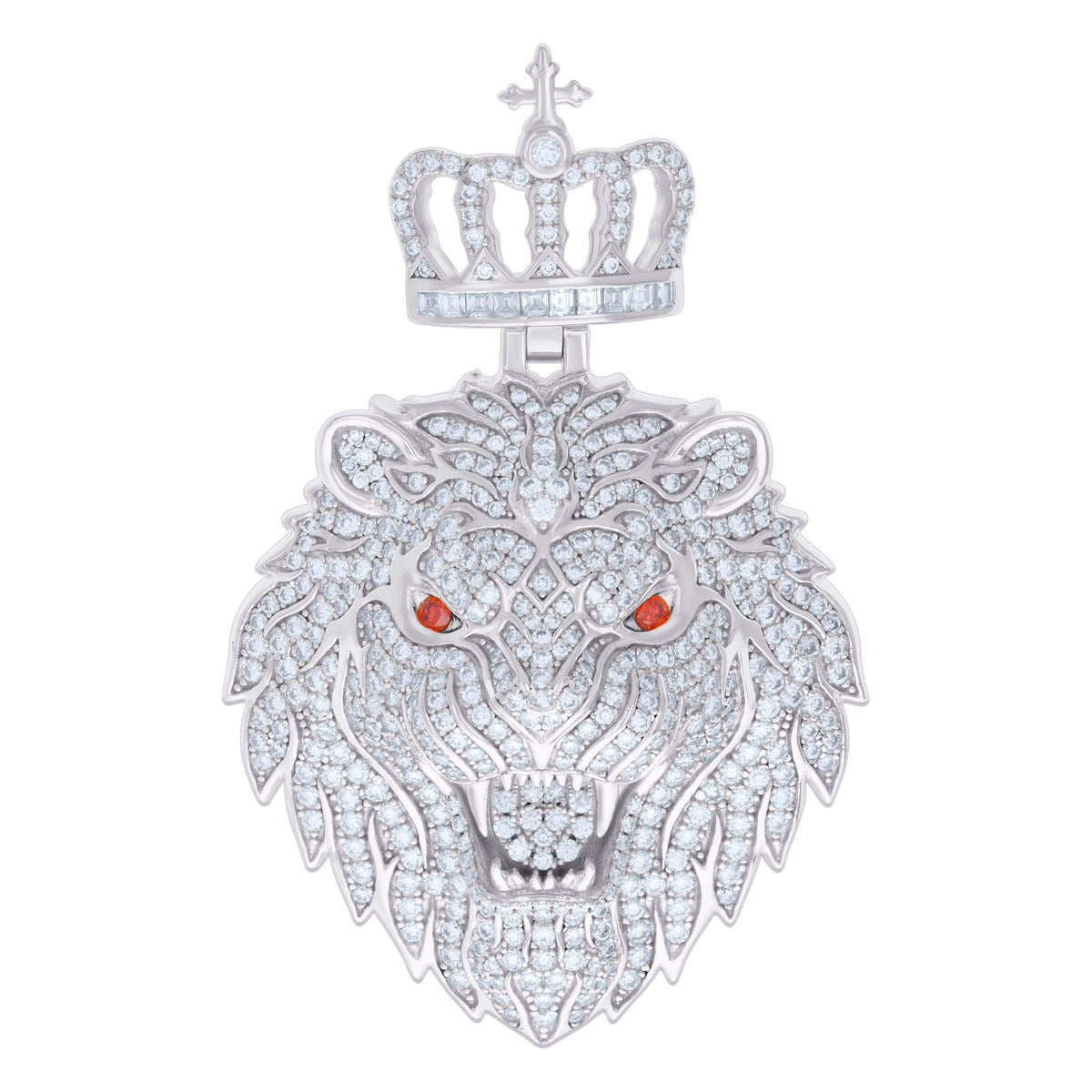 925 Sterling Silver Mens 4.48ct, 0.42ct Red White Baguette Round Moissanite Leo/Lion Head Pendant