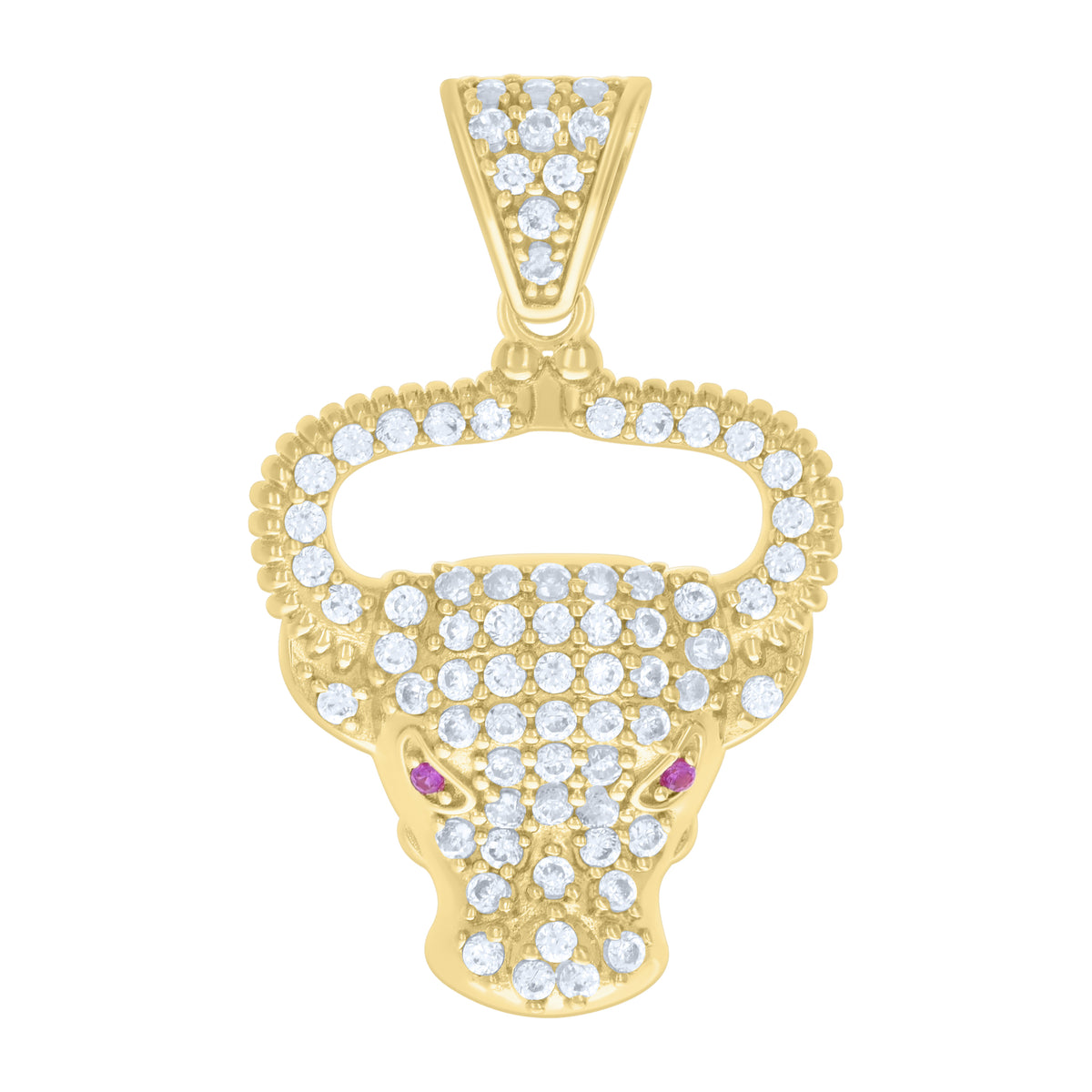 14K Yellow Gold Mens Pink White Cubic-Zirconia Bull Head Animal Wildlife Charm Pendant