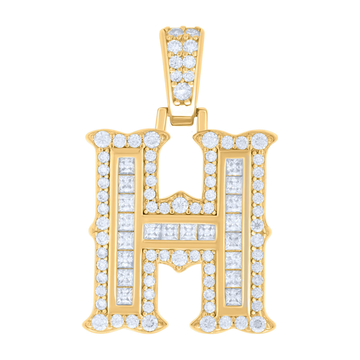 925 Sterling Silver Yellow-tone Unisex 0.64Ct, 0.48Ct Baguette Round Moissanite Initial H Pendant
