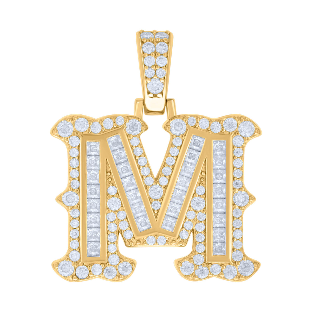 925 Sterling Silver Yellow-tone Unisex 0.90Ct, 0.57Ct Baguette Round Moissanite Initial M Pendant
