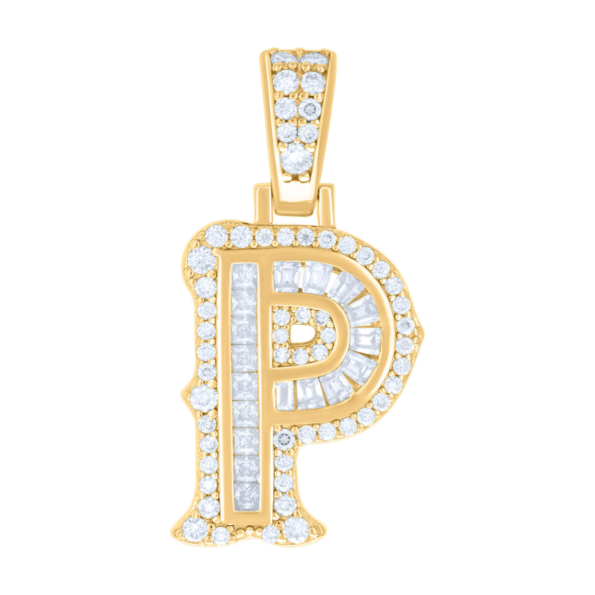 925 Sterling Silver Yellow-tone Unisex 0.45Ct, 0.34Ct Baguette Round Moissanite Initial P Pendant