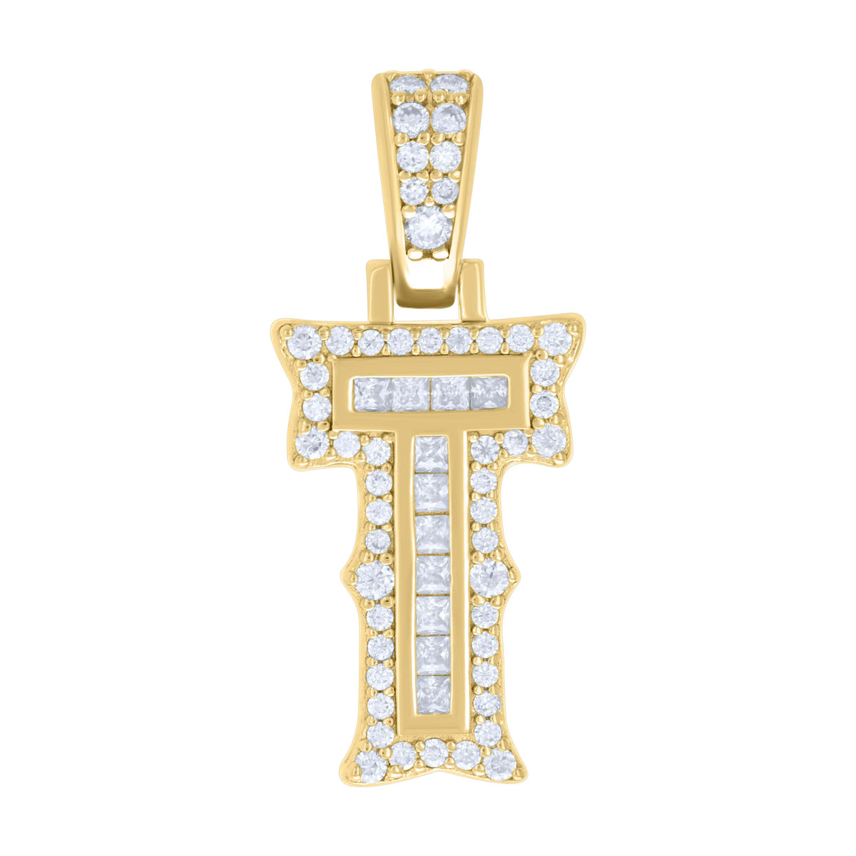 925 Sterling Silver Yellow-tone Unisex 0.44Ct, 0.21Ct Baguette Round Moissanite Initial T Pendant