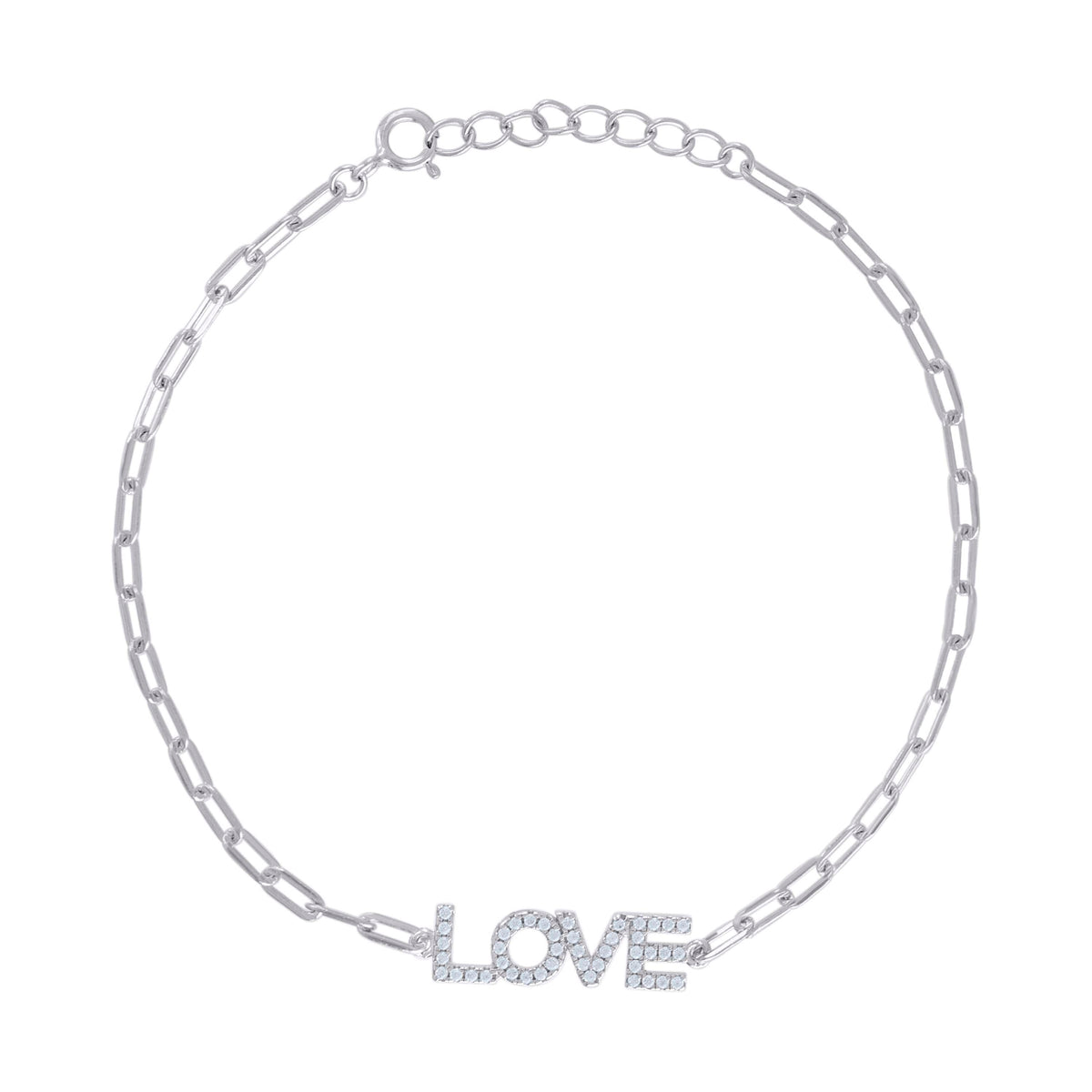 925 Sterling Silver Womens Cubic-Zirconia LOVE Charm Bracelet Size 7 + 1 Inches