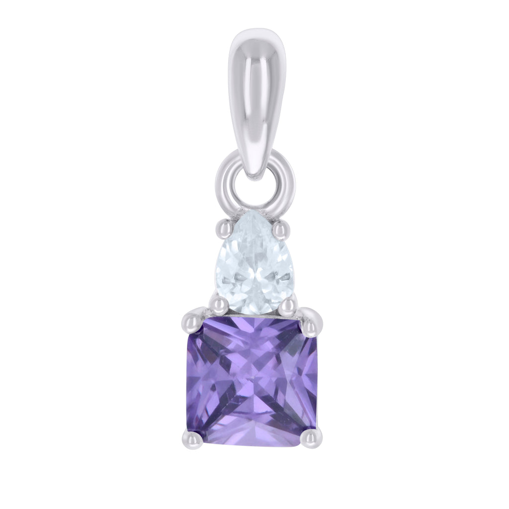 925 Sterling Silver Womens Purple White Pear Princess-cut Cubic-Zirconia Fashion Charm Pendant