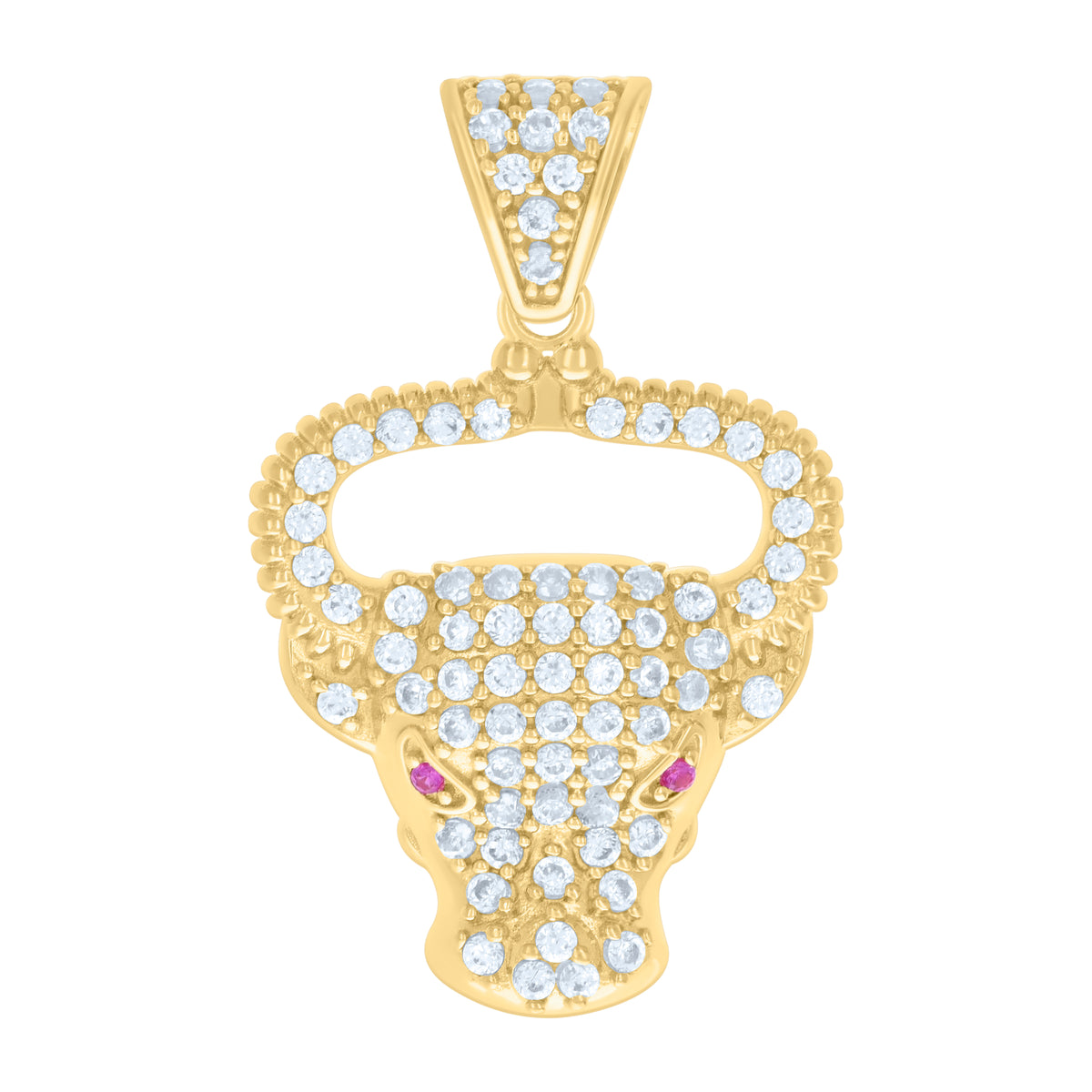 10K Yellow Gold Mens Pink White Cubic-Zirconia Bull Head Animal Wildlife Charm Pendant