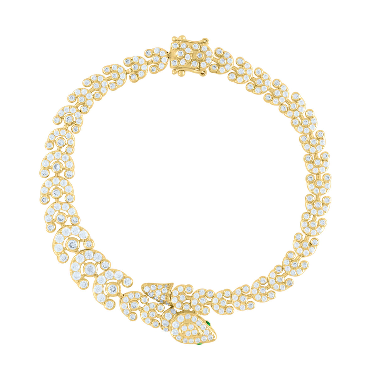 10K Yellow Gold Womens Green White Cubic-Zirconia Snake Link Fashion Bracelet Size 7.5 Inches