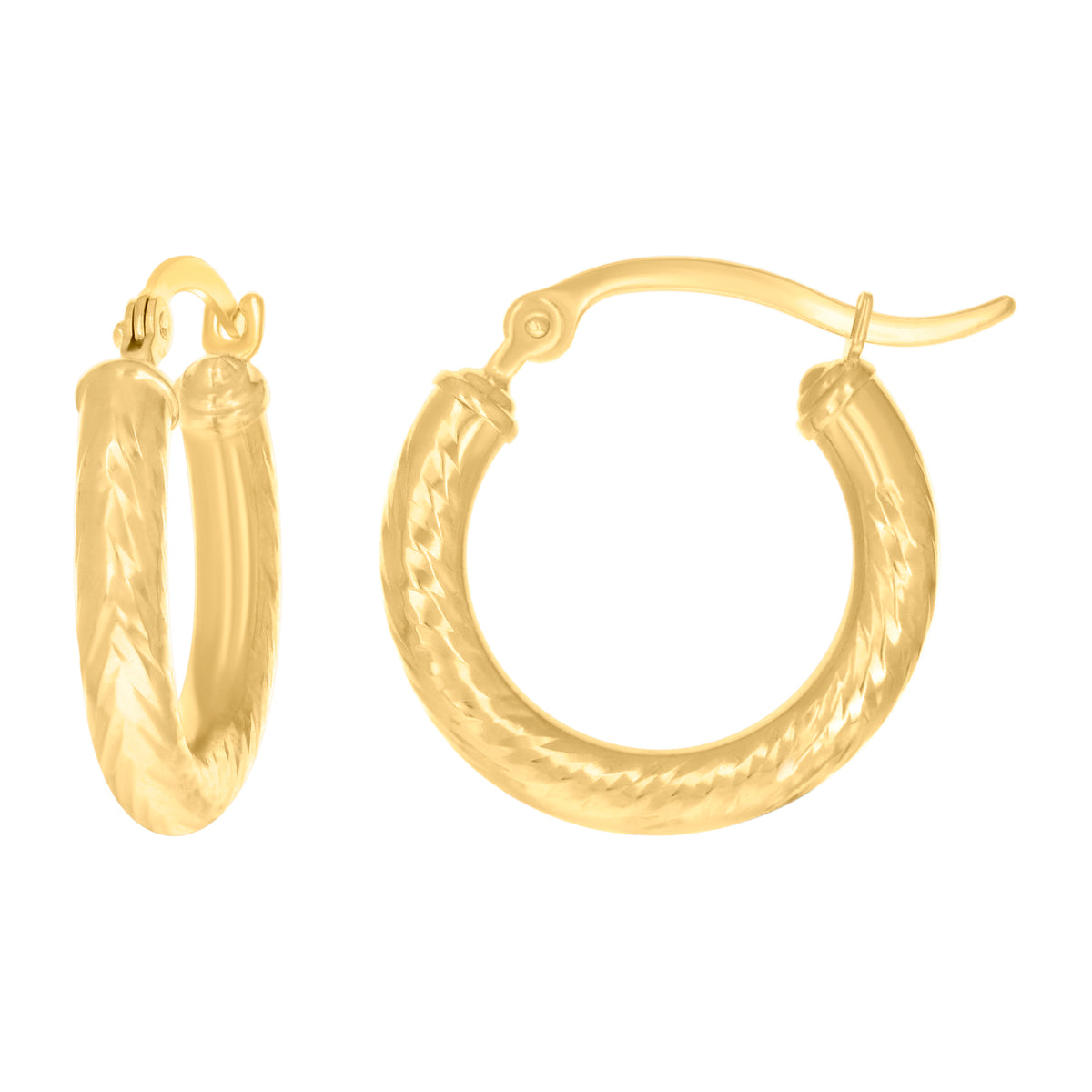 10K Yellow Gold Womens Round Tube Diamond-cut Patterned Fancy Hoop Earrings 3mm-19