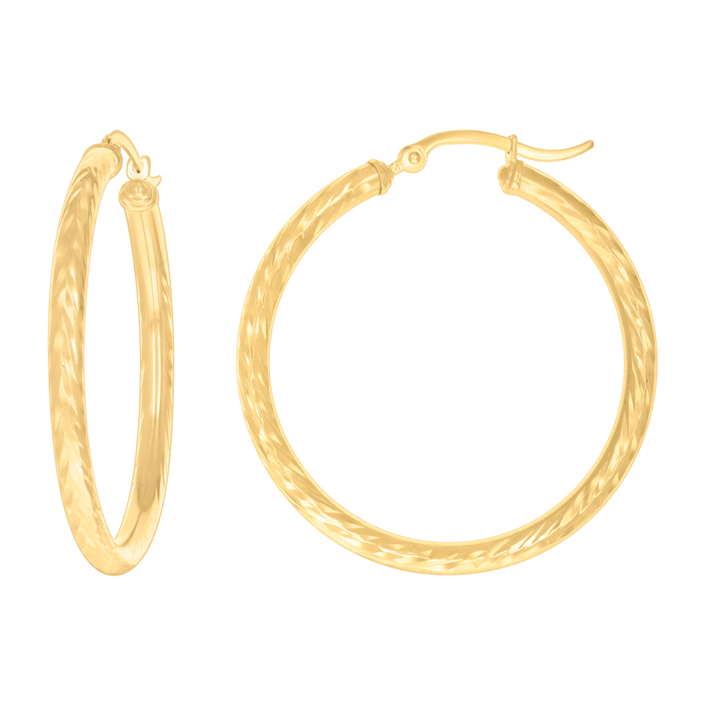 10K Yellow Gold Womens Round Tube Diamond-cut Patterned Fancy Hoop Earrings 3mm-38