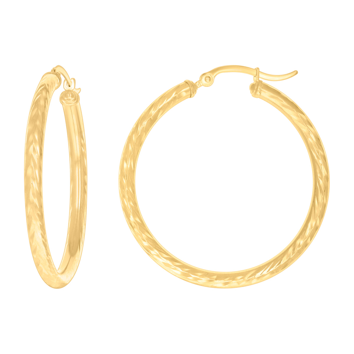 10K Yellow Gold Womens Round Tube Diamond-cut Patterned Fancy Hoop Earrings 3mm-38