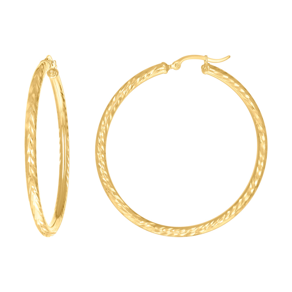 10K Yellow Gold Womens Round Tube Diamond-cut Patterned Fancy Hoop Earrings 3mm-50