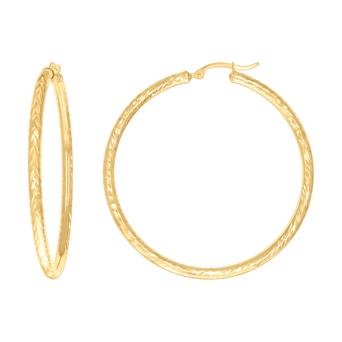 10K Yellow Gold Womens Round Tube Diamond-cut Patterned Fancy Hoop Earrings 3mm-57