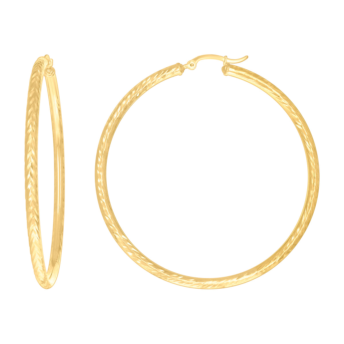 10K Yellow Gold Womens Round Tube Diamond-cut Patterned Fancy Hoop Earrings 3mm-63