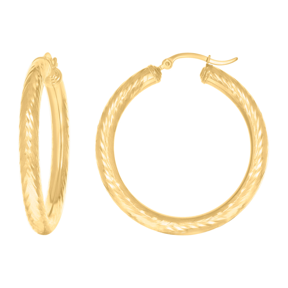10K Yellow Gold Womens Round Tube Diamond-cut Patterned Fancy Hoop Earrings 4mm-38