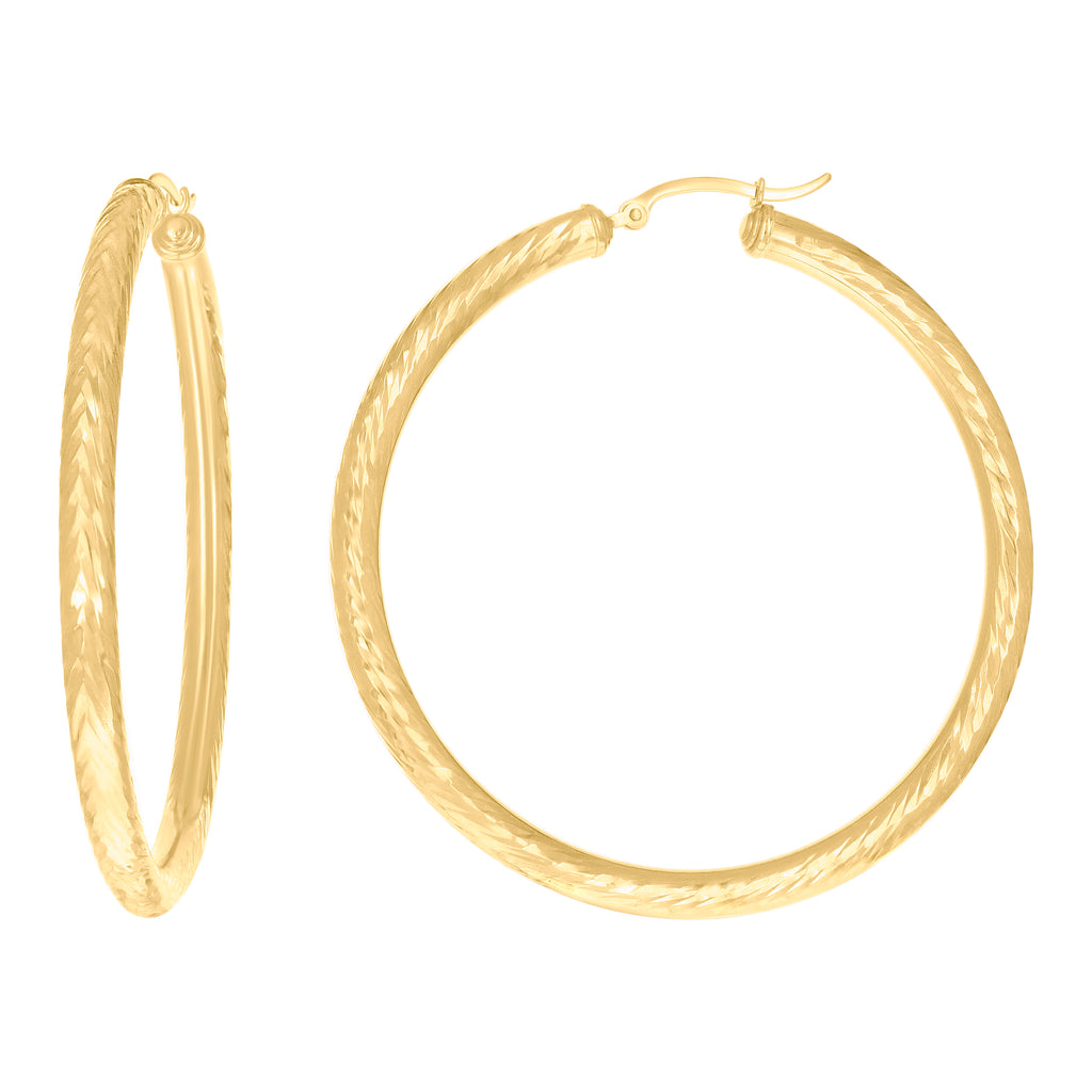 10K Yellow Gold Womens Round Tube Diamond-cut Patterned Fancy Hoop Earrings 4mm-57