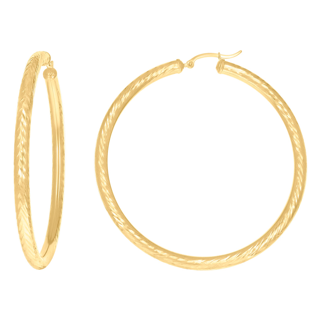 10K Yellow Gold Womens Round Tube Diamond-cut Patterned Fancy Hoop Earrings 4mm-63