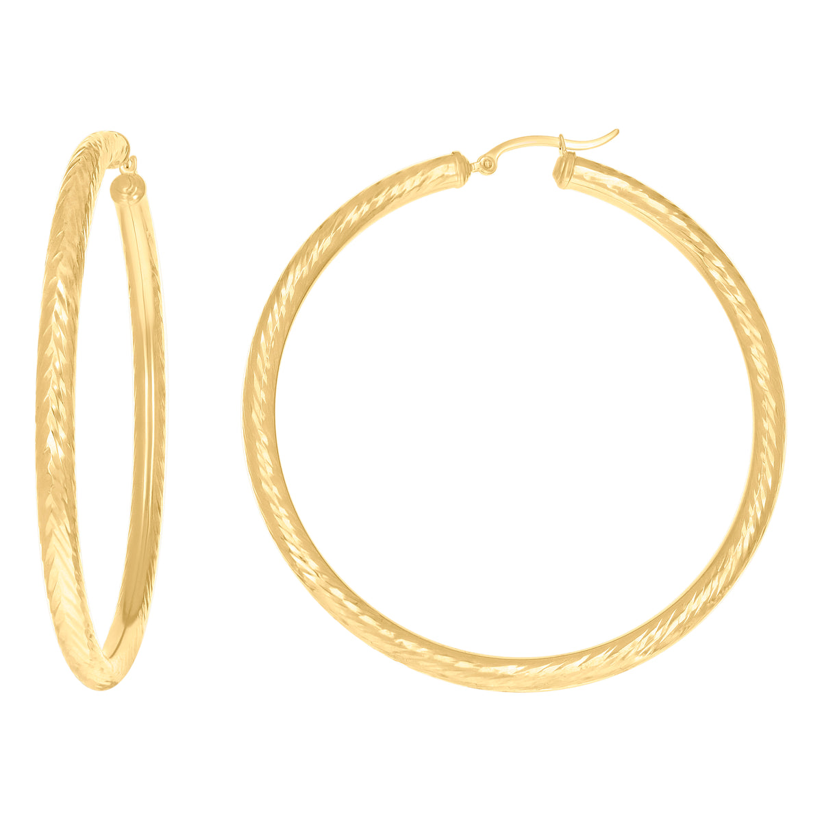10K Yellow Gold Womens Round Tube Diamond-cut Patterned Fancy Hoop Earrings 4mm-63