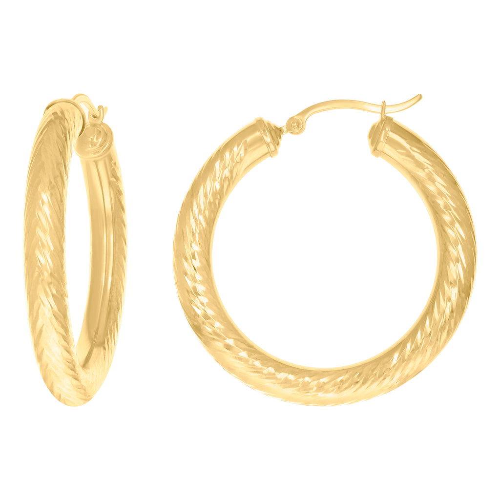 10K Yellow Gold Womens Round Tube Diamond-cut Patterned Fancy Hoop Earrings 5mm-38
