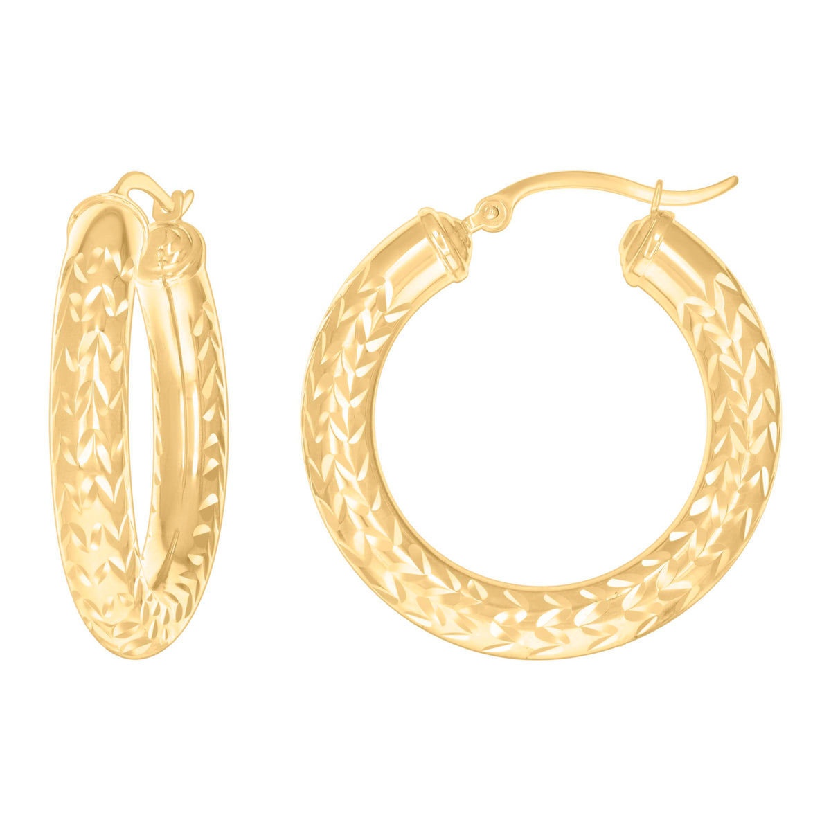 10K Yellow Gold Womens Diamond-cut Round Tube Patterned Hoop Earrings 5mm-19