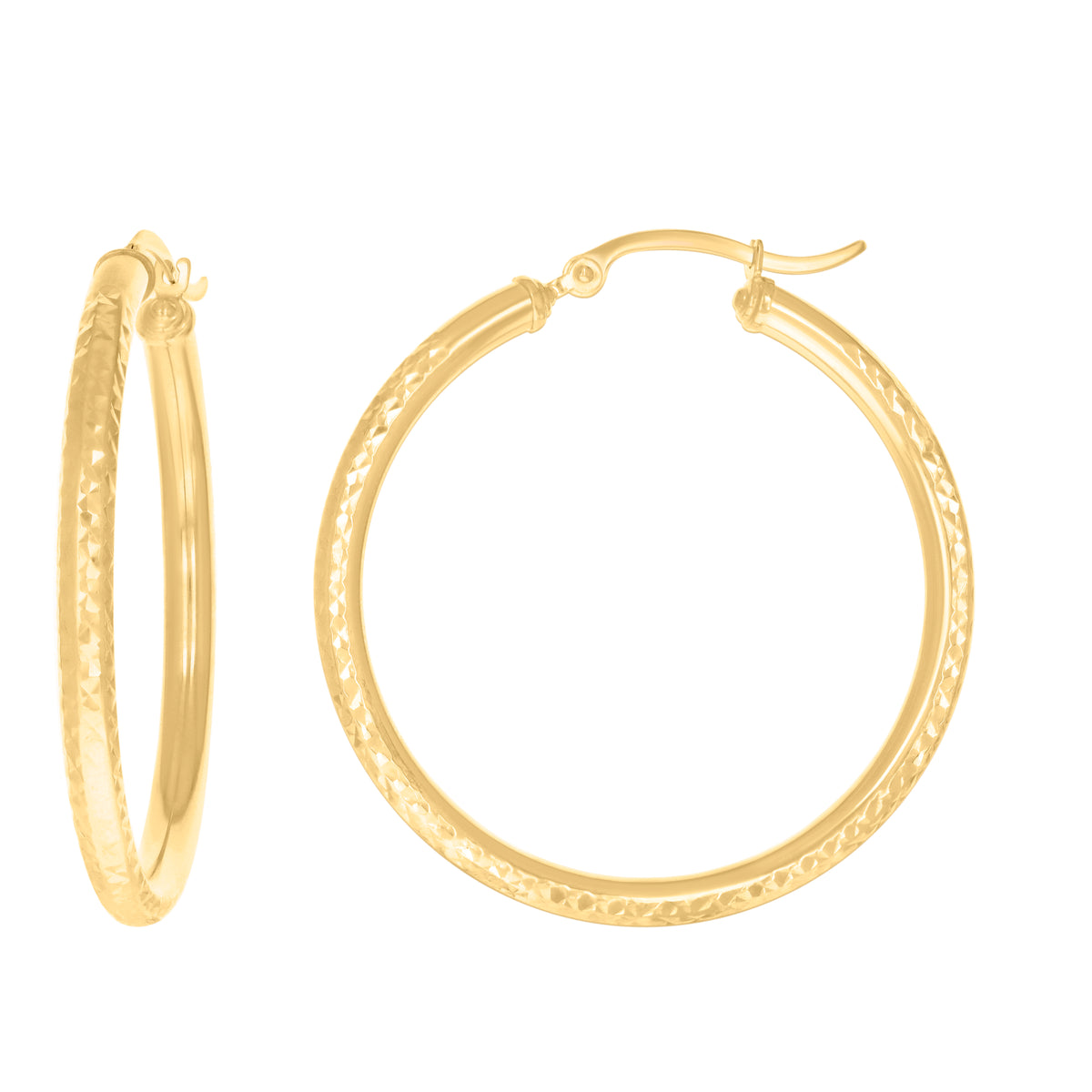 10K Yellow Gold Womens Round Tube Diamond-cut Patterned Fancy Hoop Earrings 3mm-38