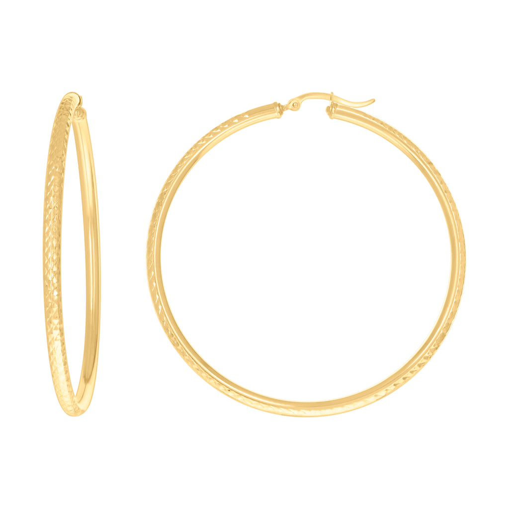 10K Yellow Gold Womens Round Tube Diamond-cut Patterned Fancy Hoop Earrings 3mm-63