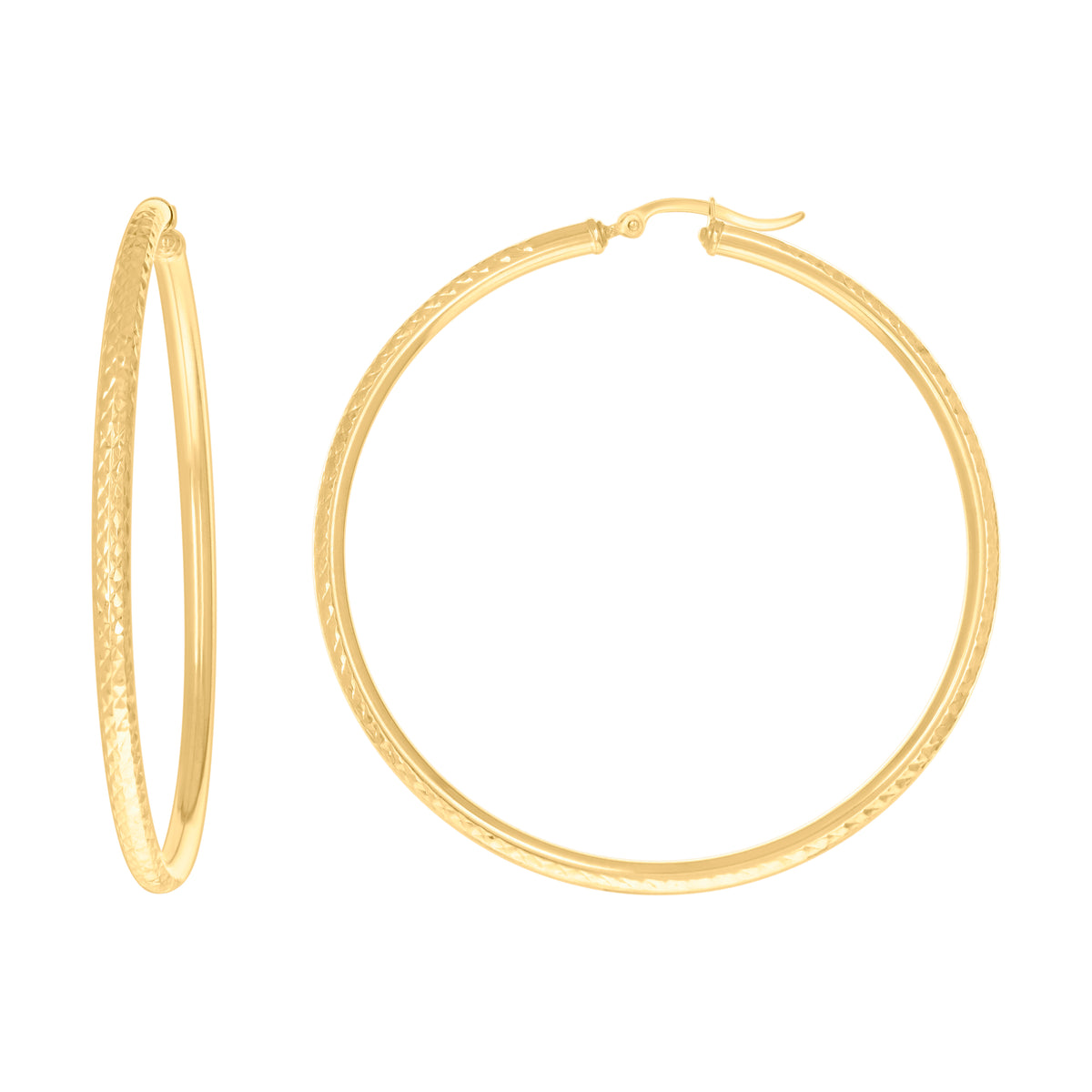 10K Yellow Gold Womens Round Tube Diamond-cut Patterned Fancy Hoop Earrings 3mm-63