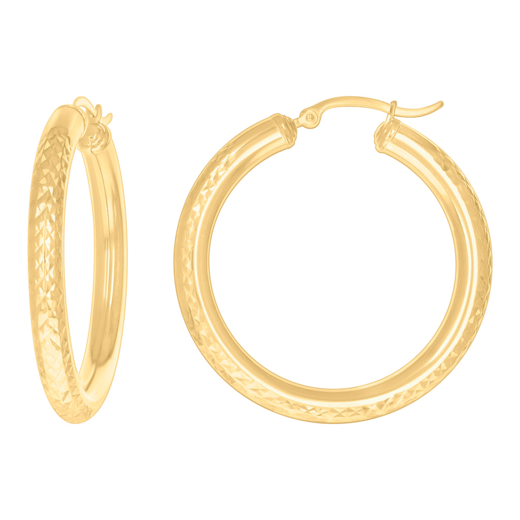 10K Yellow Gold Womens Round Tube Diamond-cut Patterned Fancy Hoop Earrings 4mm-38