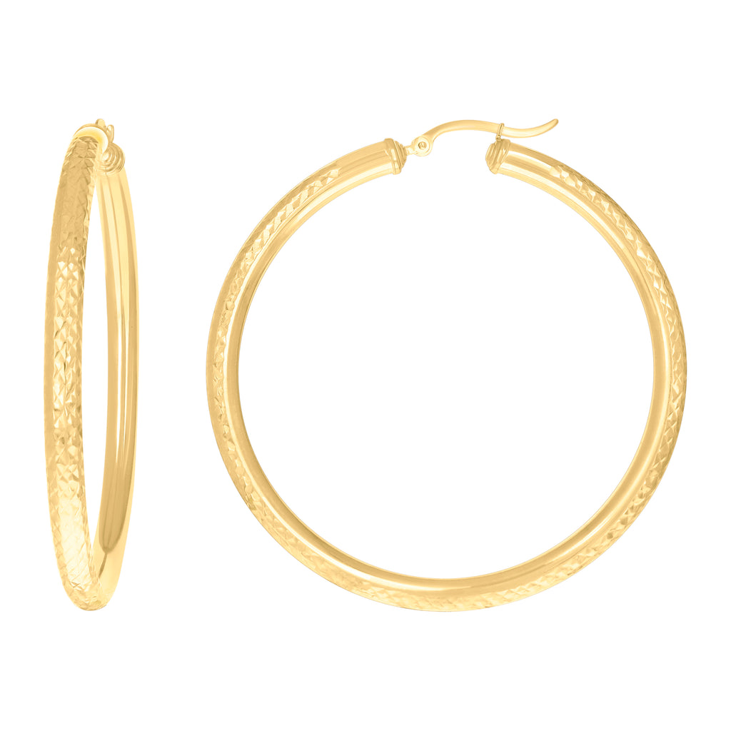10K Yellow Gold Womens Round Tube Diamond-cut Patterned Fancy Hoop Earrings 4mm-57