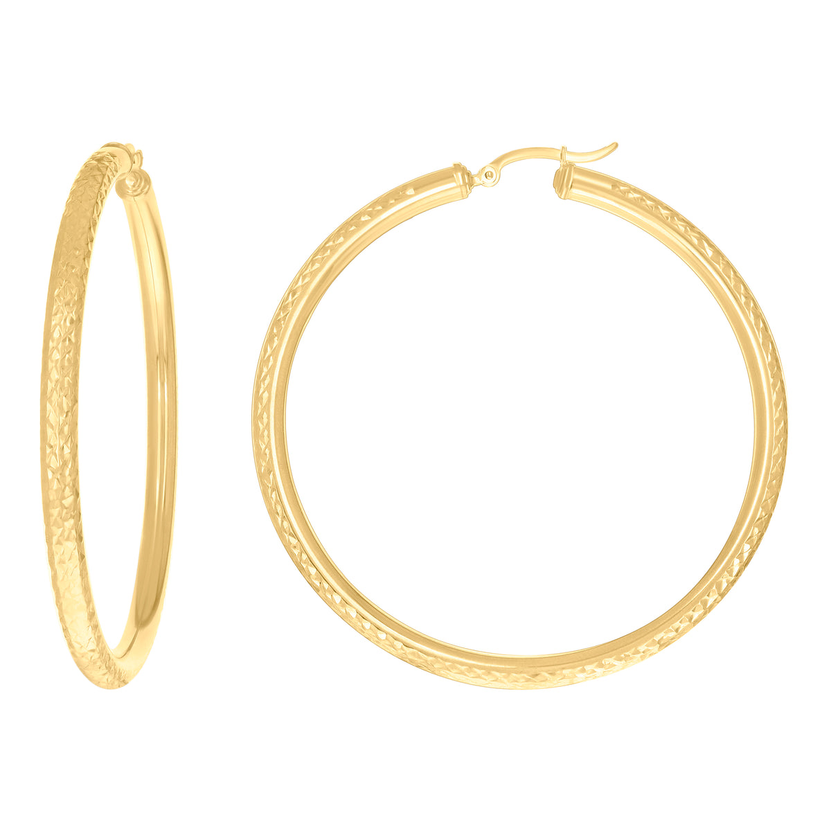 10K Yellow Gold Womens Round Tube Diamond-cut Patterned Fancy Hoop Earrings 4mm-63