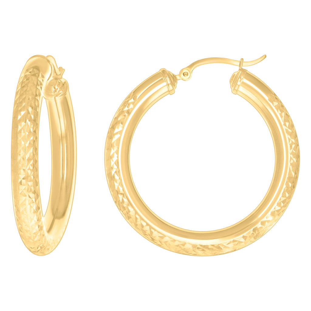 10K Yellow Gold Womens Round Tube Diamond-cut Patterned Fancy Hoop Earrings 5mm-38
