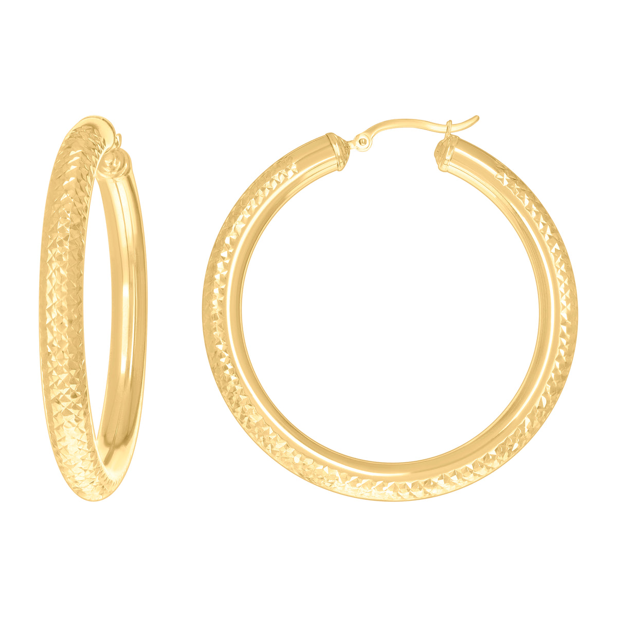 10K Yellow Gold Womens Round Tube Diamond-cut Patterned Fancy Hoop Earrings 5mm-50