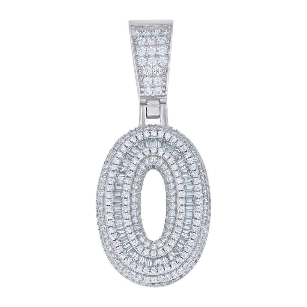 925 Sterling Silver Unisex Round Baguette Cubic-Zirconia Initial Number 0 Charm Pendant