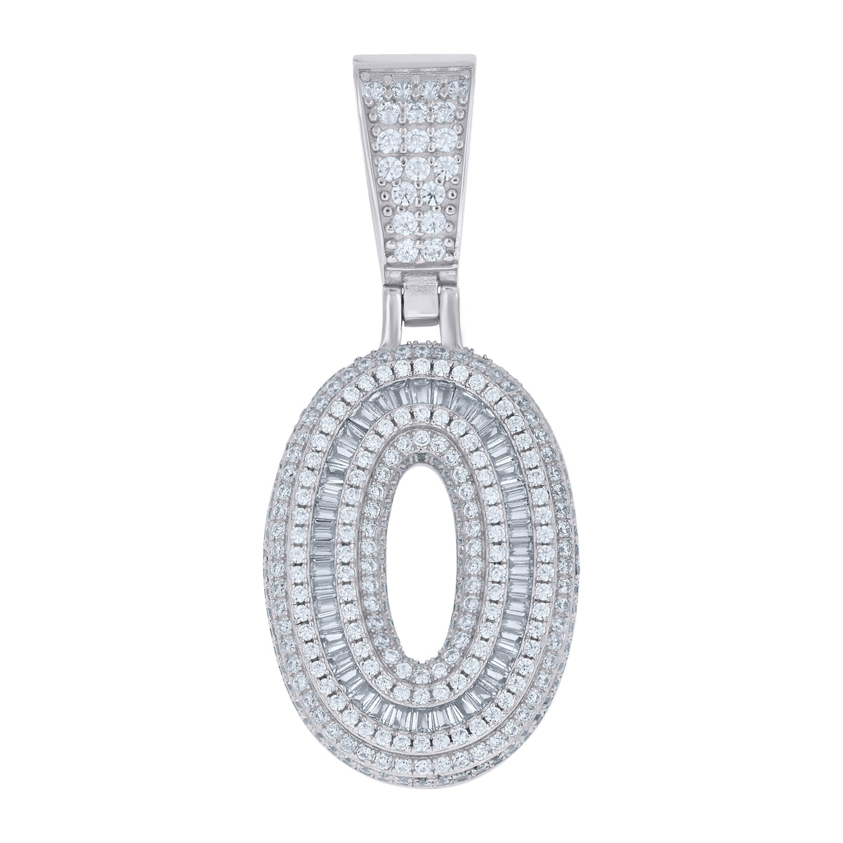 925 Sterling Silver Unisex Round Baguette Cubic-Zirconia Initial Number 0 Charm Pendant