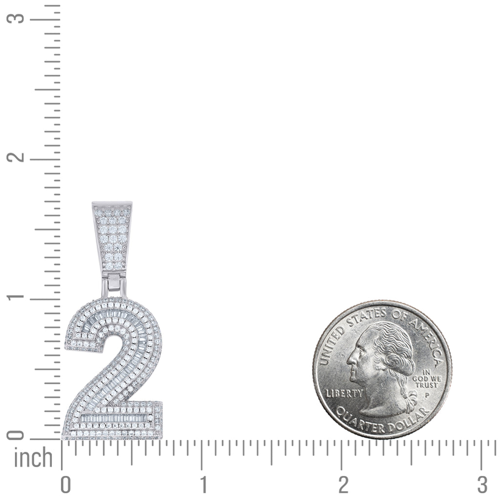 925 Sterling Silver Unisex Round Baguette Cubic-Zirconia Initial Number 2 Charm Pendant