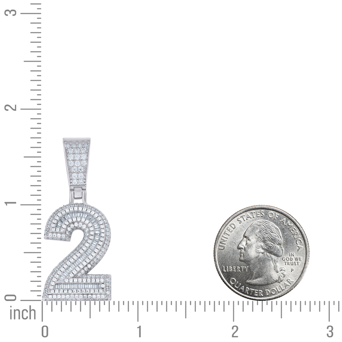 925 Sterling Silver Unisex Round Baguette Cubic-Zirconia Initial Number 2 Charm Pendant
