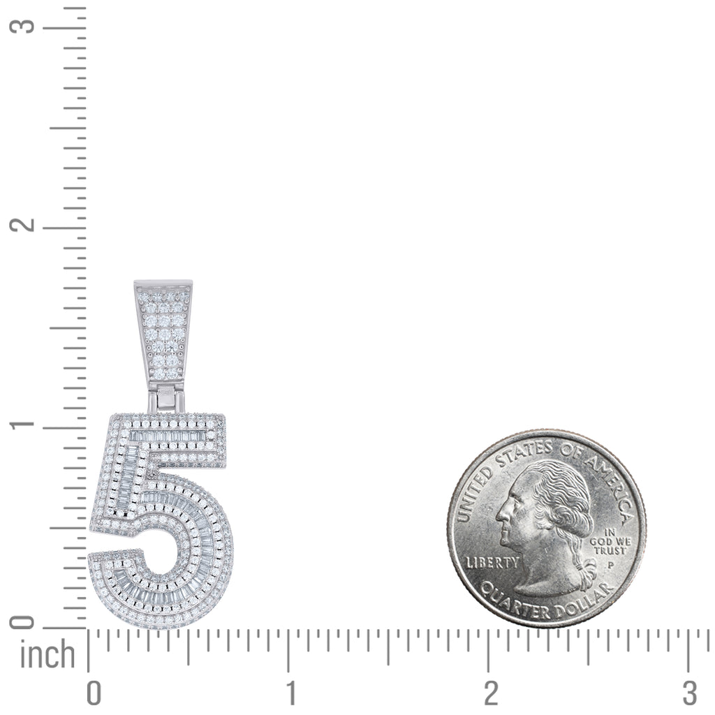 925 Sterling Silver Unisex Round Baguette Cubic-Zirconia Initial Number 5 Charm Pendant