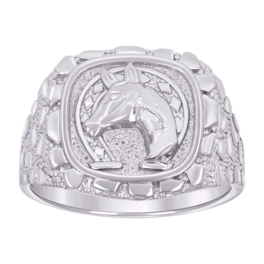 925 Sterling Silver Mens Nugget Horse Head Horseshoe Good Luck Ring Size 9