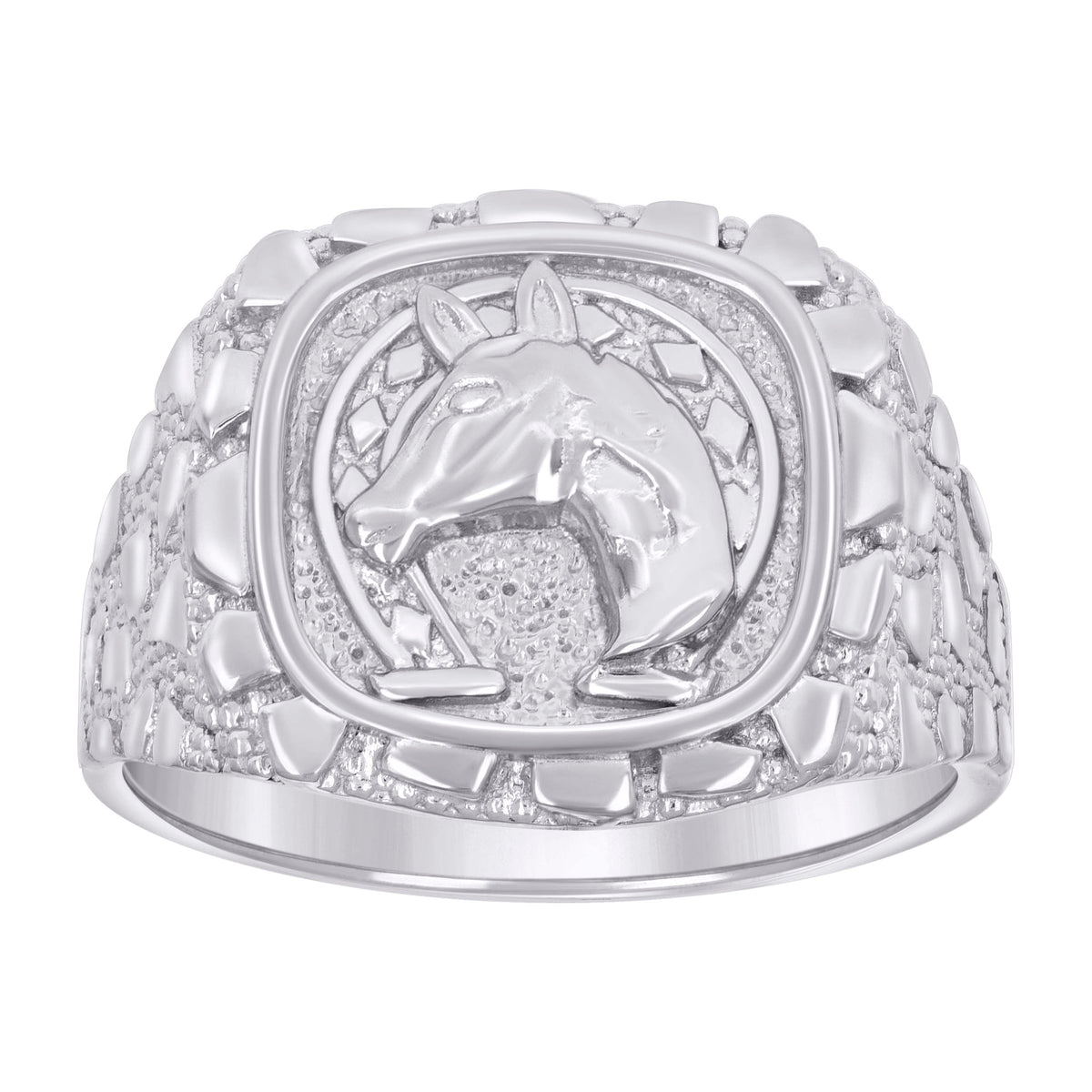 925 Sterling Silver Mens Nugget Horse Head Horseshoe Good Luck Ring Size 11