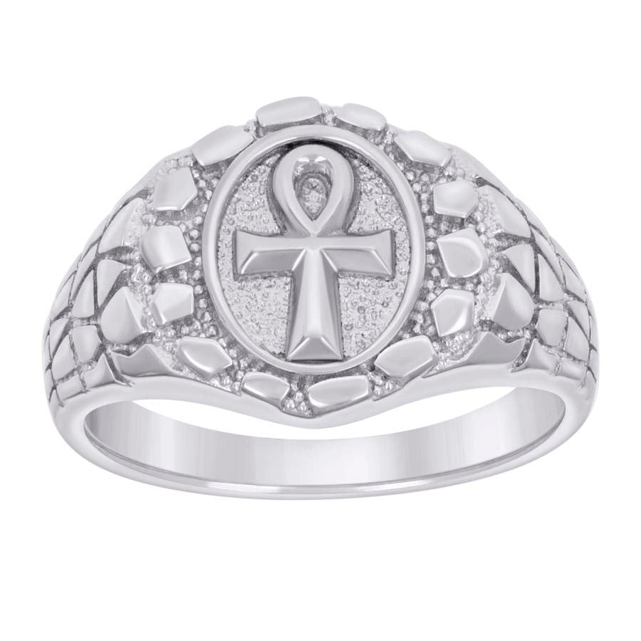 925 Sterling Silver Mens Nugget Egyptian Ankh Cross Religious Ring Size 11