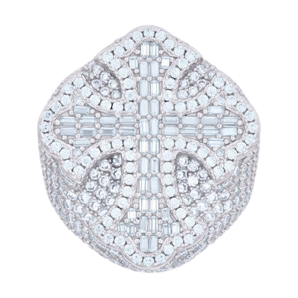 925 Sterling Silver Mens 1.32ct Baguette 4.94ct Round Moissanite Cross Religious Ring