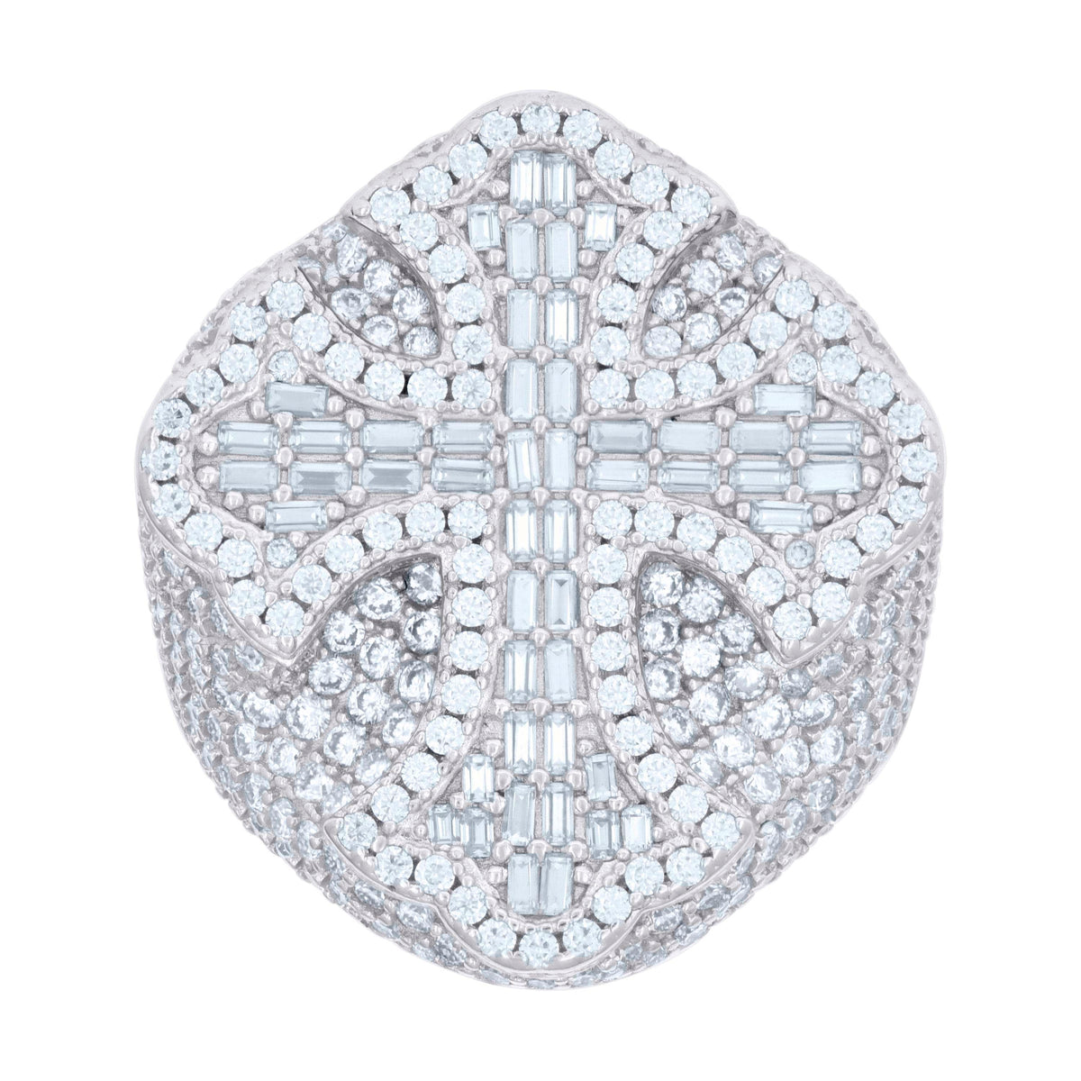 925 Sterling Silver Mens 1.32ct Baguette 4.94ct Round Moissanite Cross Religious Ring
