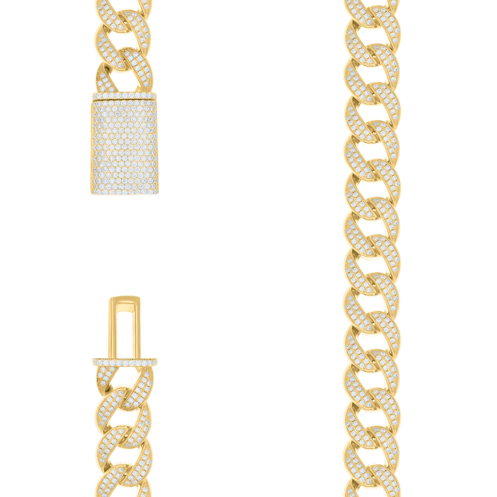 925 Sterling Silver Yellow-tone Moissanite Miami Cuban Chain 14mm