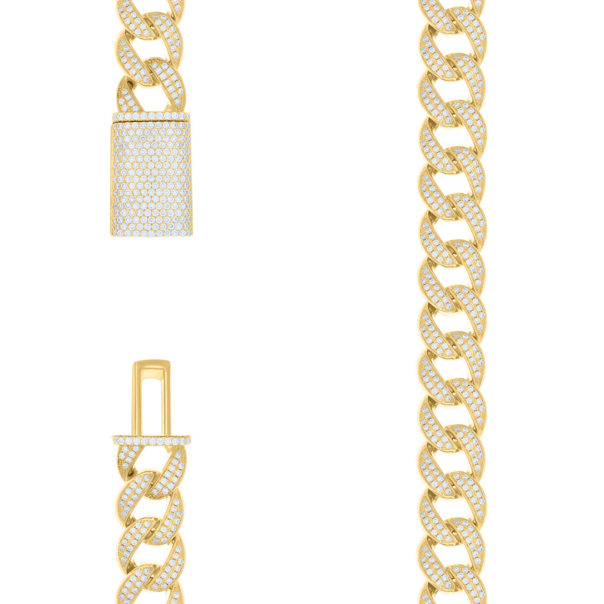 925 Sterling Silver Yellow-tone Moissanite Miami Cuban Chain 14mm