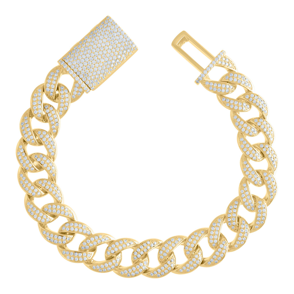 925 Sterling Silver Yellow-tone Moissanite Miami Cuban Chain 14mm