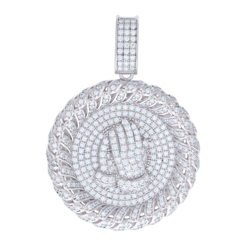 925 Sterling Silver Mens 3.18ct Moissanite Medallion Praying Hands Symbol Religious Charm Pendant