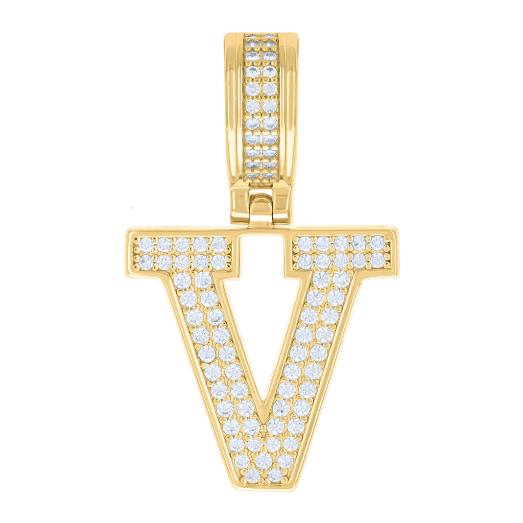 925 Sterling Silver Yellow-tone Unisex 0.6ct Moissanite Initial Alphabet V Charm Pendant